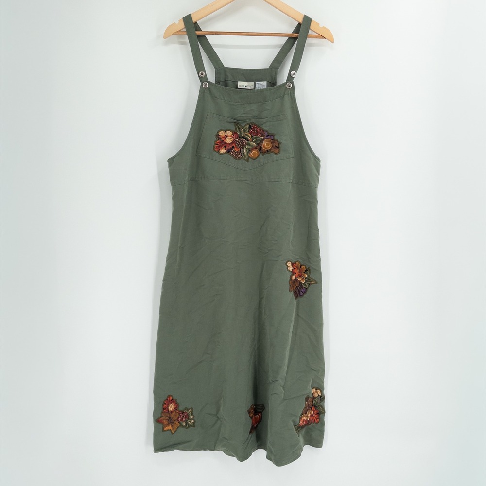 Vintage 90s Fall Jumper Dress Womens L Green Embroidered Leaves Earthy Granny